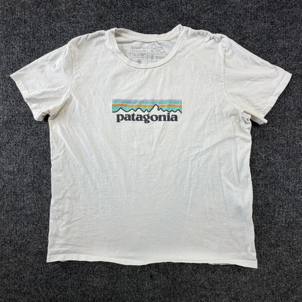 Patagonia Shirt Mens Large White P-6 Logo Graphic Tee Organic Cotton Outdoor